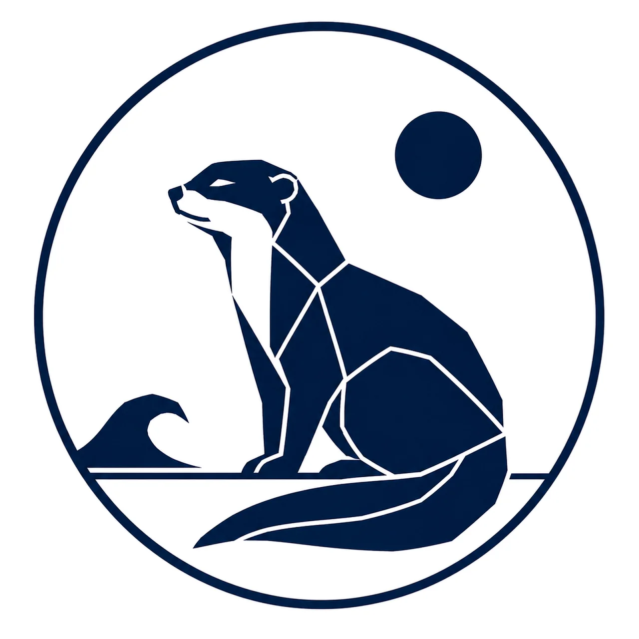 Minimalist Scandinavian otter emblem design featuring a geometric otter silhouette inside a circular frame, Nordic blue and brown palette, premium wildlife logo aesthetic, and timeless northern water symbolism.