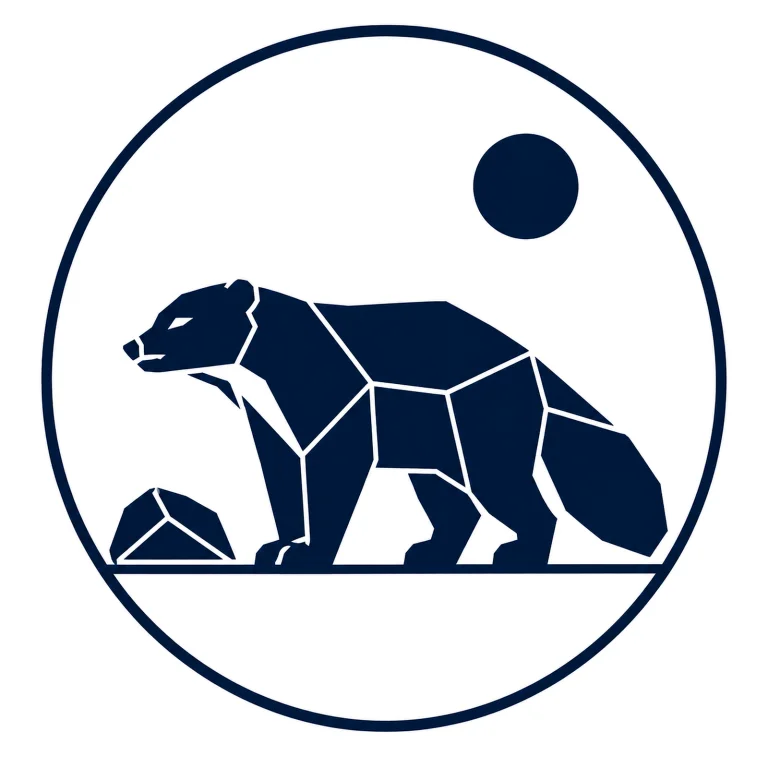 Minimalist Scandinavian wolverine emblem design featuring a geometric wolverine silhouette inside a circular frame, dark Nordic color palette, premium wildlife logo aesthetic, and timeless northern resilience symbolism.