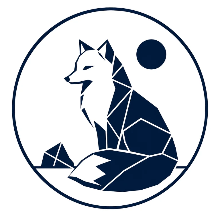 Minimalist Scandinavian Arctic fox emblem design featuring a geometric white fox silhouette inside a circular frame, Nordic winter color palette, premium wildlife logo aesthetic, and timeless polar adaptation symbolism.
