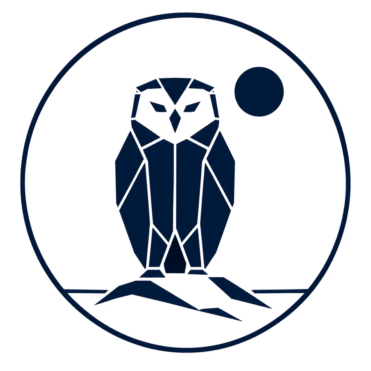 Minimalist Scandinavian snowy owl emblem featuring a geometric white owl silhouette inside a circular frame, Arctic color palette, premium Nordic wildlife logo aesthetic, and symbolism of quiet vision and northern purity.