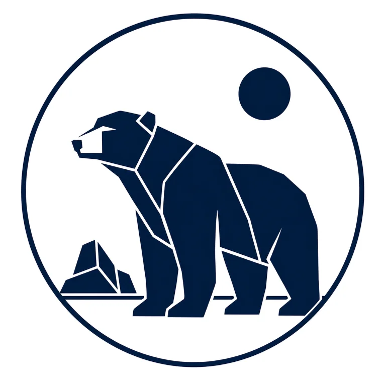Minimalist Scandinavian polar bear emblem featuring a geometric white bear silhouette inside a circular frame, Arctic color palette, premium Nordic wildlife logo aesthetic, and symbolism of quiet strength and northern protection.
