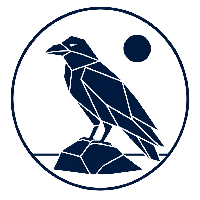 Minimalist Scandinavian raven emblem featuring a geometric black raven silhouette inside a circular frame, Nordic color palette, premium wildlife logo aesthetic, and symbolism of memory, wisdom, and northern wilderness.