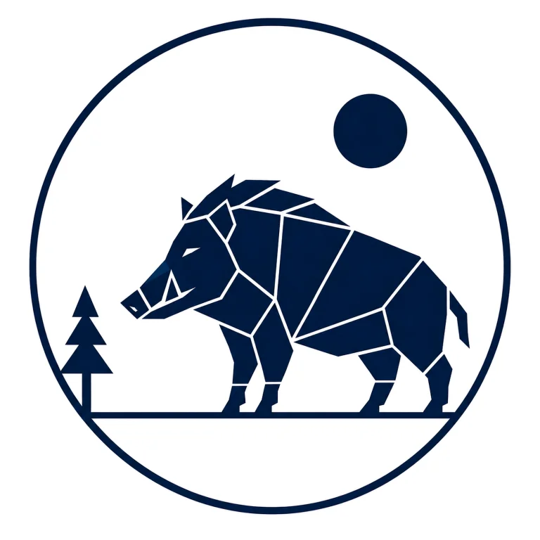 Minimalist Scandinavian wild boar emblem featuring a geometric boar silhouette inside a circular frame, Nordic earth-tone color palette, premium wildlife logo aesthetic, and symbolism of strength, instinct, and northern wilderness.