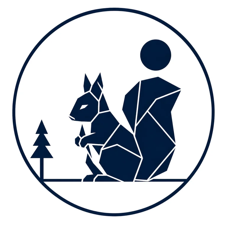 Minimalist Scandinavian red squirrel emblem featuring a geometric squirrel silhouette with a curved tail inside a circular frame, Nordic forest-inspired color palette, premium wildlife logo aesthetic, and symbolism of preparation, harmony, and quiet life.