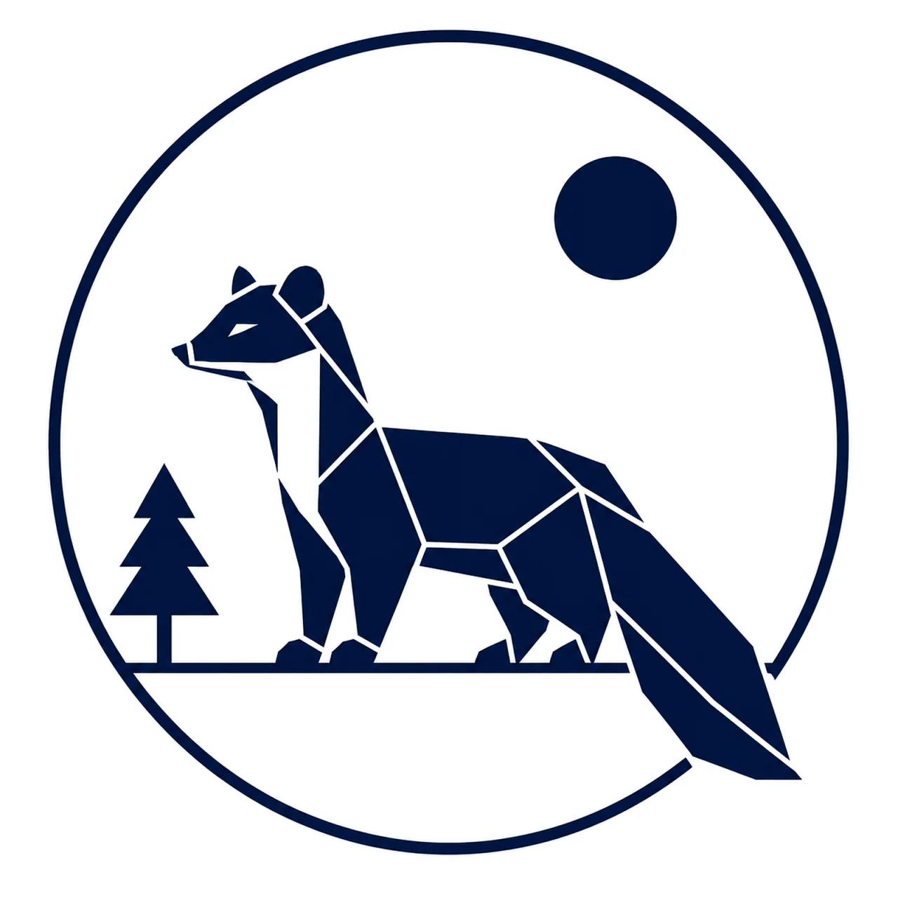 Minimalist Scandinavian European pine marten emblem featuring an elegant geometric silhouette with a curved tail inside a circular frame, Nordic forest color palette, premium wildlife logo aesthetic, and symbolism of freedom, movement, and adaptation.