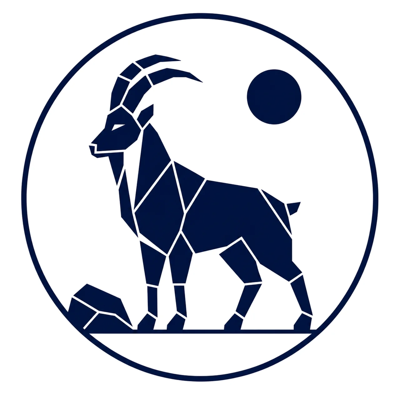 Minimalist Scandinavian mountain goat emblem featuring a geometric silhouette with elegant curved horns inside a circular frame, Nordic mountain-inspired color palette, premium wildlife logo aesthetic, and symbolism of balance, resilience, and quiet strength.