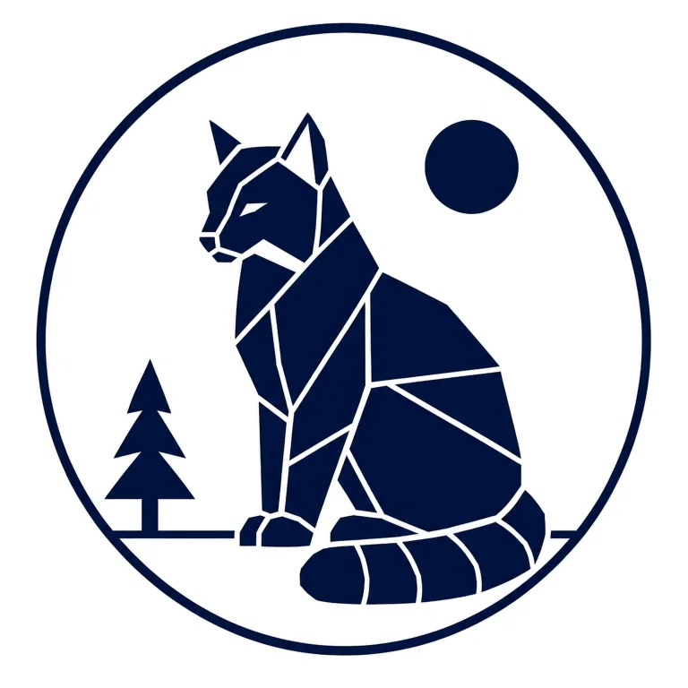Minimalist Scandinavian wildcat emblem featuring a geometric feline silhouette inside a circular frame, Nordic forest color palette, premium wildlife logo aesthetic, and symbolism of independence, freedom, and quiet wildness.