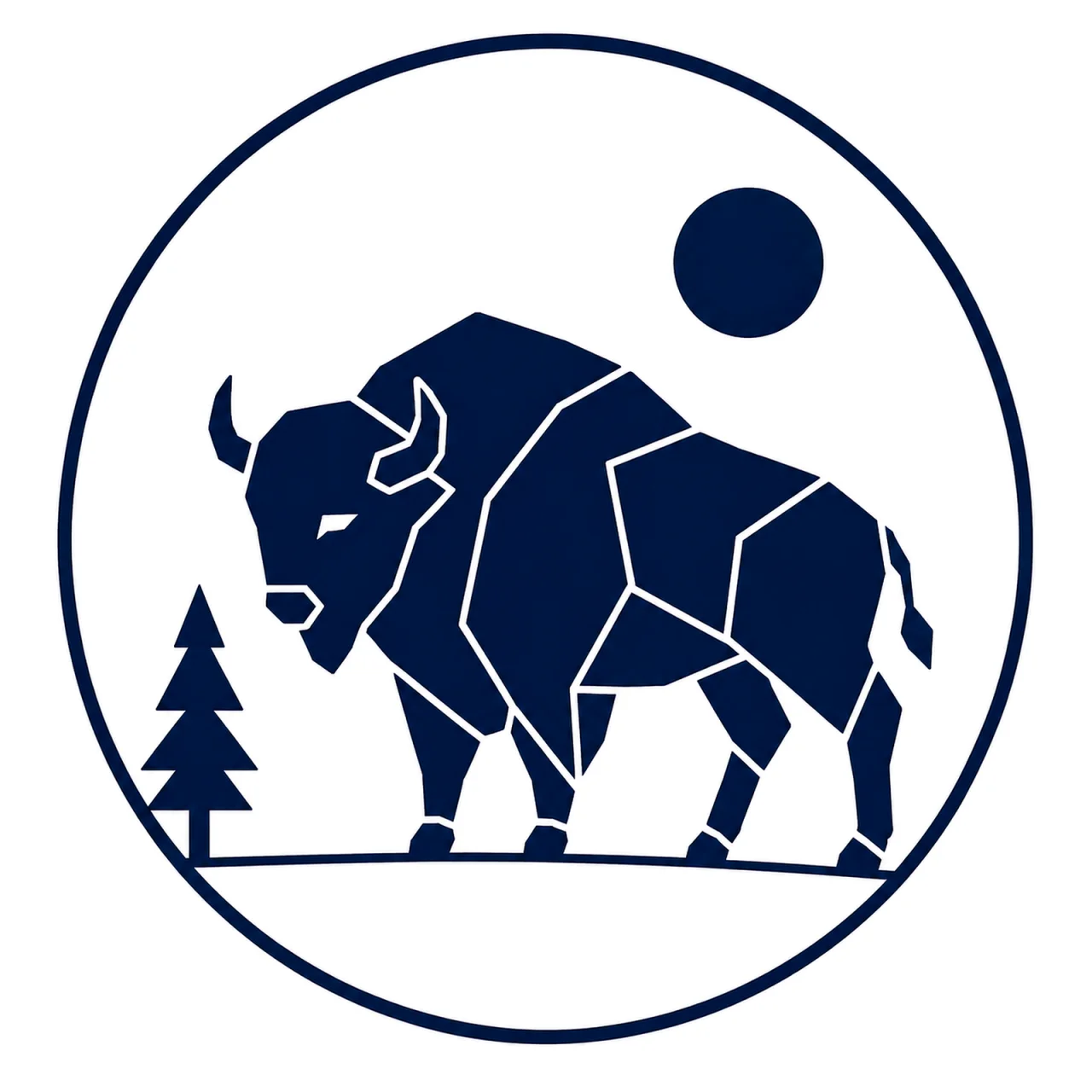 Minimalist Scandinavian European bison emblem featuring a geometric bison silhouette inside a circular frame, premium wildlife logo design, Nordic earth tones, and symbolism of ancient heritage, strength, and natural memory.