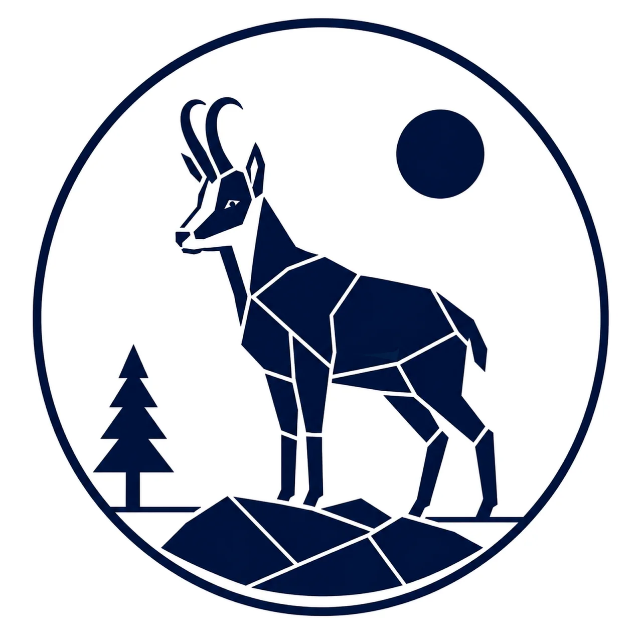 Minimalist Scandinavian chamois emblem featuring a geometric mountain goat-like silhouette with curved horns inside a circular frame, premium Nordic wildlife logo design symbolizing balance, freedom, and mountain harmony.