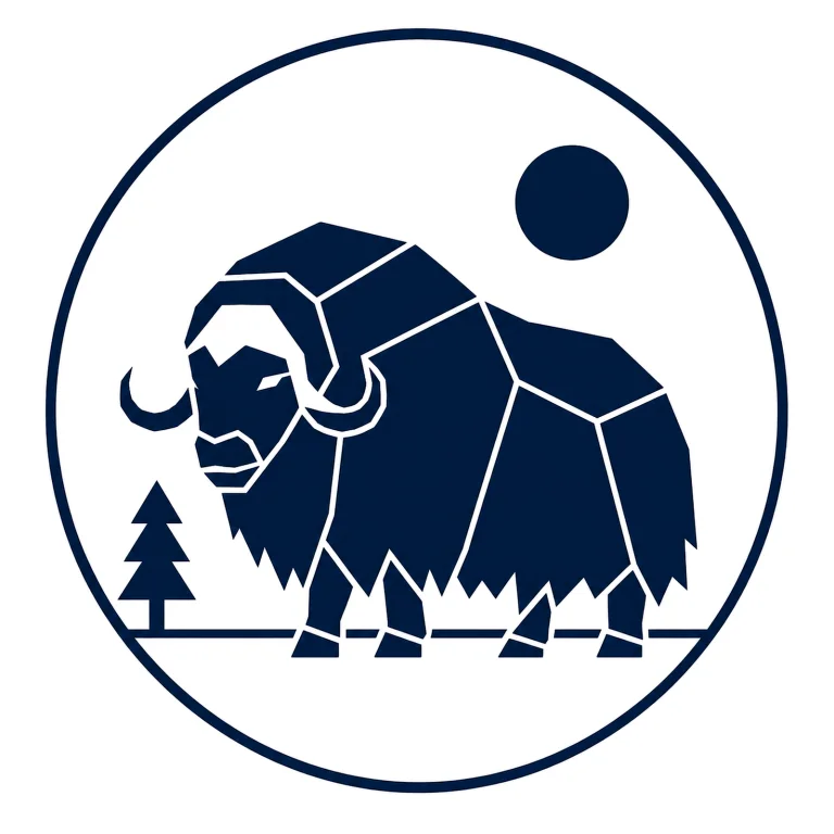 Minimalist Scandinavian musk ox emblem featuring a geometric arctic animal silhouette with wide curved horns inside a circular frame, premium Nordic wildlife logo design symbolizing endurance, protection, and northern strength.