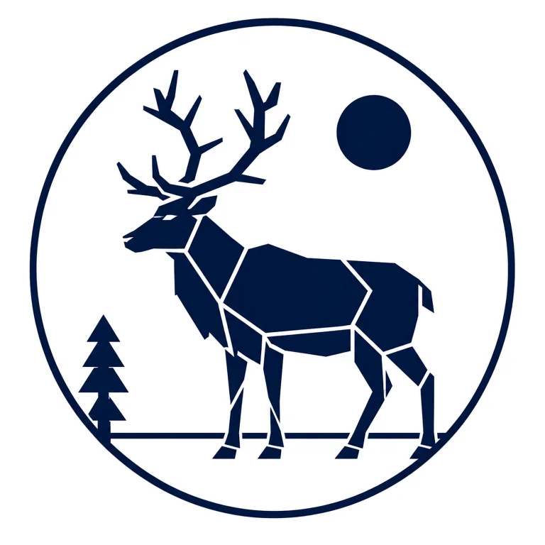 Minimalist Scandinavian reindeer emblem featuring a geometric northern animal silhouette with elegant branching antlers inside a circular frame, premium Nordic wildlife logo design symbolizing journey, seasonal cycles, and Arctic nature.