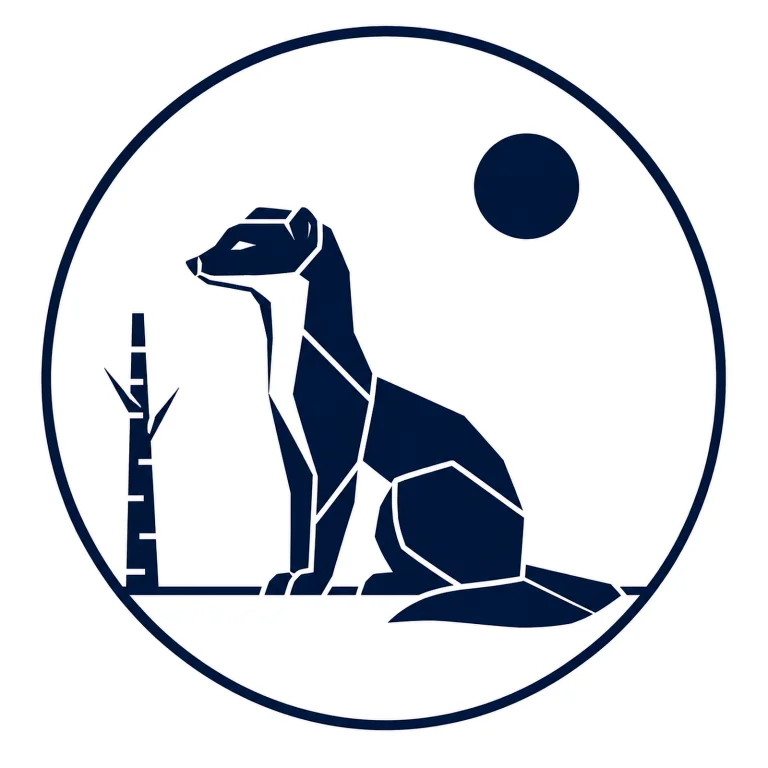 Minimalist Scandinavian stoat emblem featuring a geometric slender northern animal silhouette with a circular frame, premium Nordic wildlife logo design symbolizing adaptation, resilience, seasonal change, and quiet survival.
