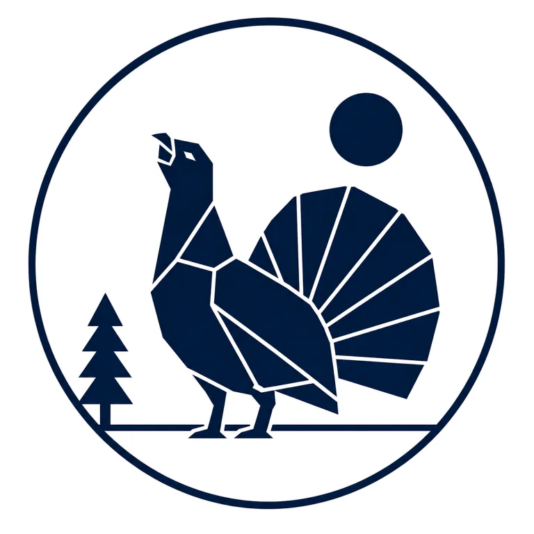 Minimalist Scandinavian capercaillie emblem featuring a geometric forest bird silhouette with a circular frame, premium Nordic wildlife logo design symbolizing ancient forests, natural heritage, rarity, and quiet wilderness.