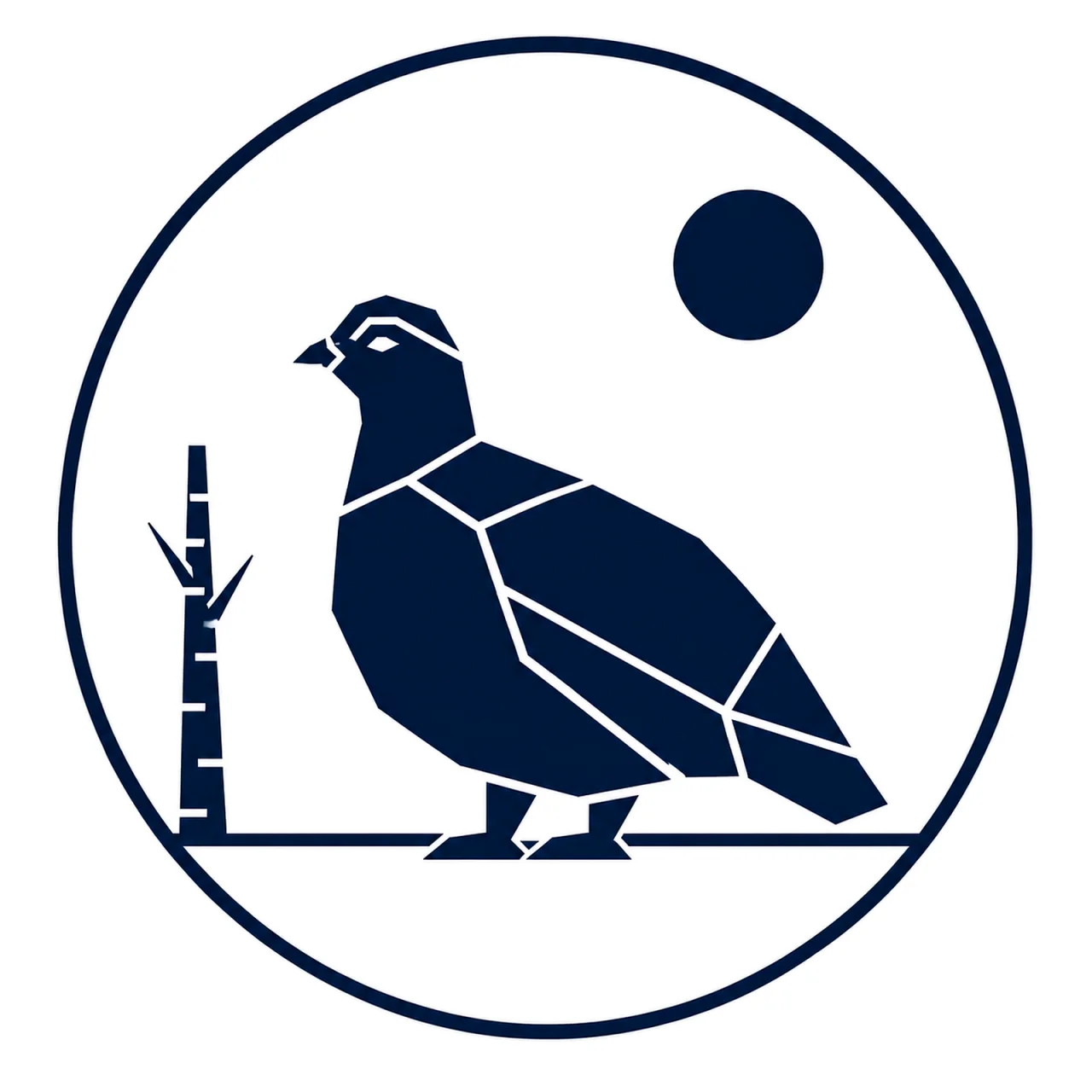 Minimalist Scandinavian ptarmigan emblem featuring a geometric bird silhouette inside a circular frame, premium Nordic wildlife logo design symbolizing seasonal adaptation, purity, northern balance, and harmony with nature.