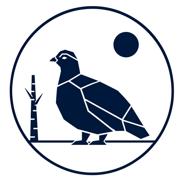 Minimalist Scandinavian ptarmigan emblem featuring a geometric bird silhouette inside a circular frame, premium Nordic wildlife logo design symbolizing seasonal adaptation, purity, northern balance, and harmony with nature.