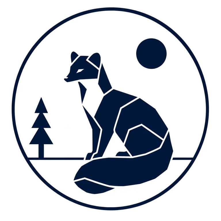 Minimalist Scandinavian pine marten emblem featuring a geometric forest animal silhouette inside a circular frame, premium Nordic wildlife logo design symbolizing exploration, intelligence, woodland harmony, and quiet wilderness.