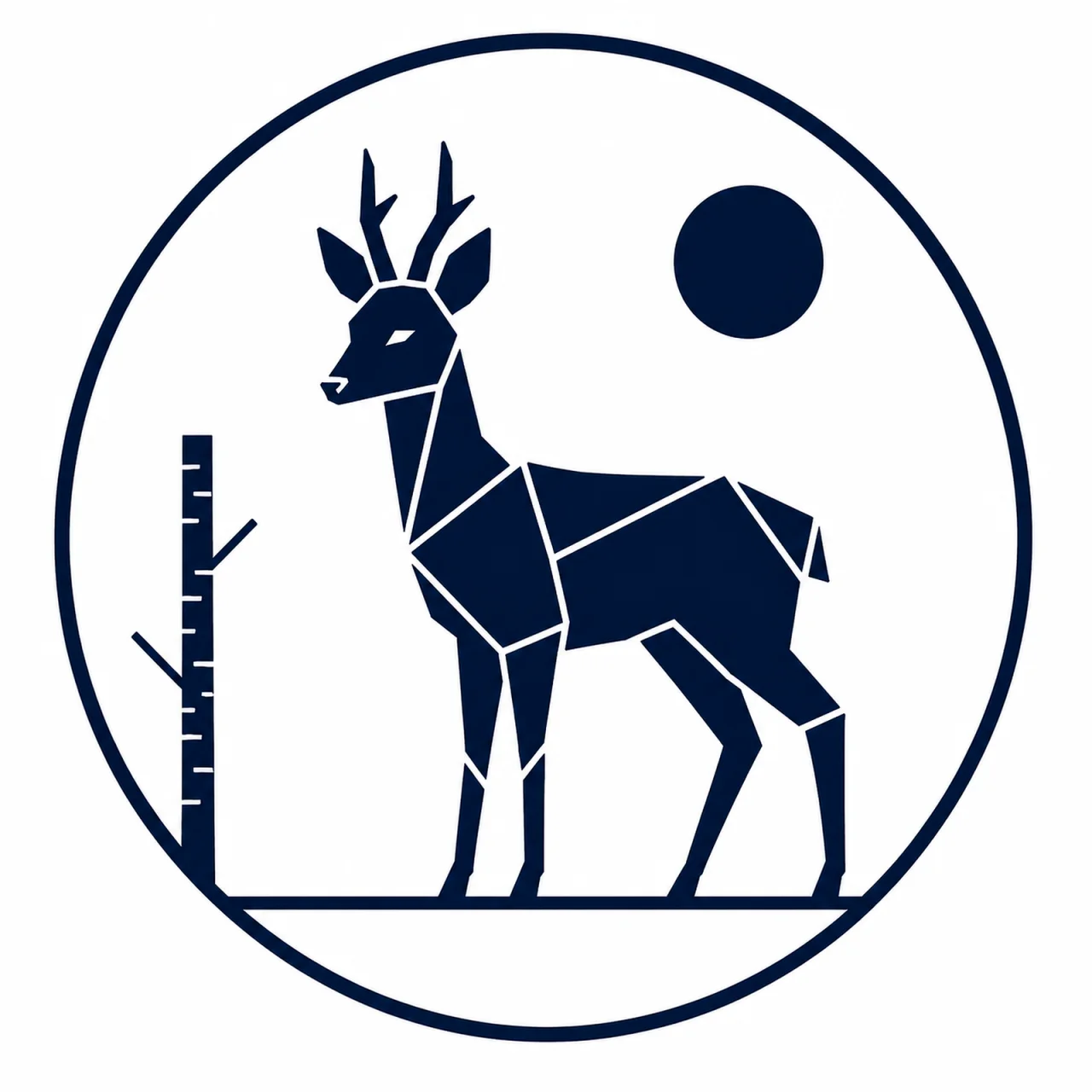 Minimalist geometric Roe Deer emblem featuring delicate antlers, a slender body, graceful standing posture, clean Scandinavian-inspired shapes, and a modern symbolic design on a simple background.