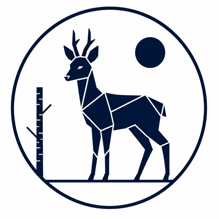 Minimalist geometric Roe Deer emblem featuring delicate antlers, a slender body, graceful standing posture, clean Scandinavian-inspired shapes, and a modern symbolic design on a simple background.