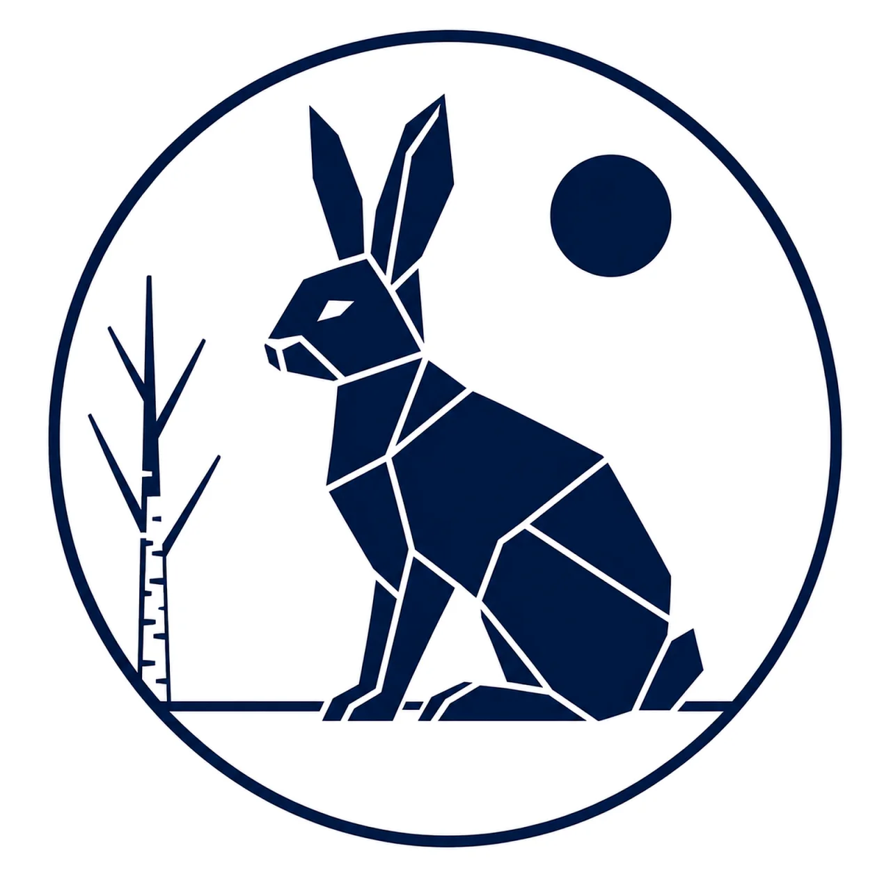 Minimalist geometric Mountain Hare emblem featuring long upright ears, a rounded body, a calm seated posture, clean Scandinavian-inspired shapes, and a modern symbolic design on a simple background.