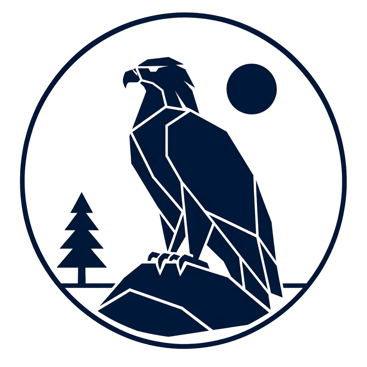 Minimalist geometric Golden Eagle emblem featuring a powerful curved beak, broad chest, folded wings, a calm standing posture, clean Scandinavian-inspired shapes, and a modern symbolic design on a simple background.