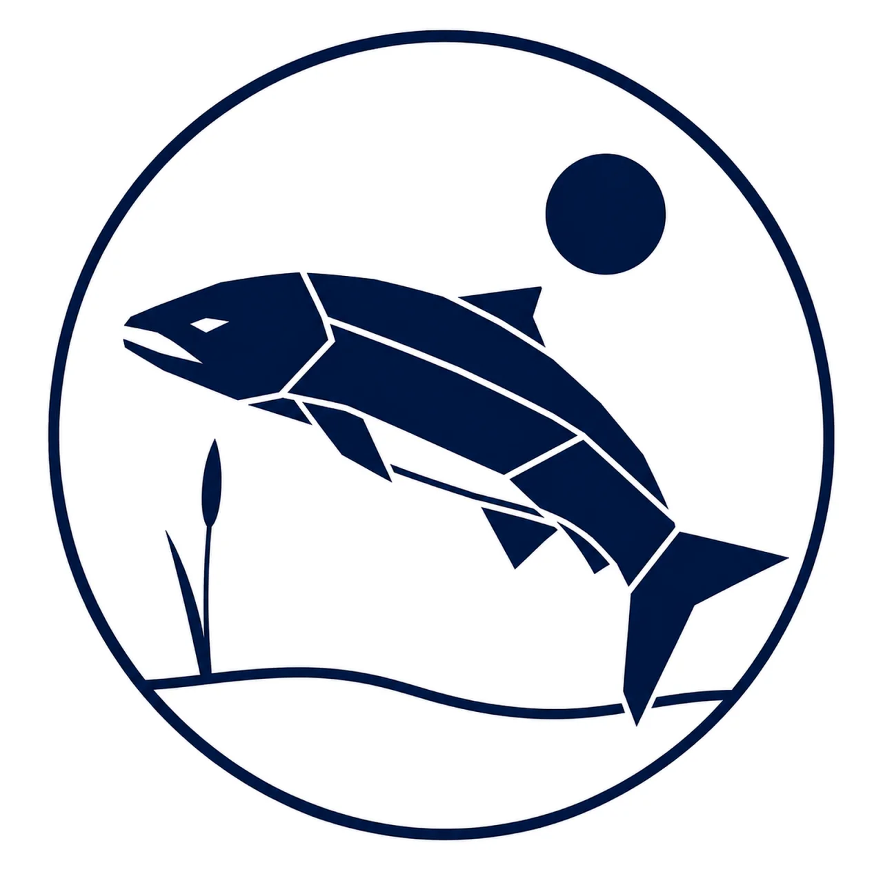 Minimalist geometric Wild Salmon emblem featuring a distinctive salmon silhouette with a broad head, streamlined body, forked tail, clean Scandinavian-inspired shapes, and a modern symbolic design on a simple background.