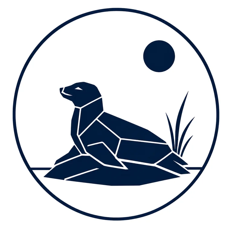 Minimalist geometric Grey Seal emblem featuring a rounded head, smooth streamlined body, relaxed resting posture, clean Scandinavian-inspired shapes, and a modern symbolic design on a simple background.