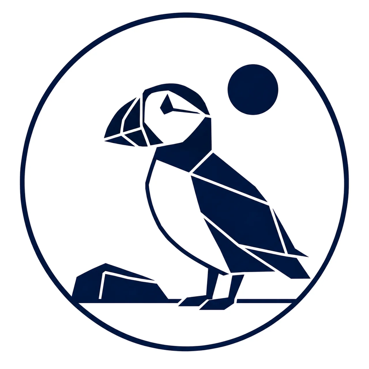 Minimalist geometric Atlantic Puffin emblem featuring a distinctive large beak, rounded head, compact body, calm standing posture, clean Scandinavian-inspired shapes, and a modern symbolic design on a simple background.