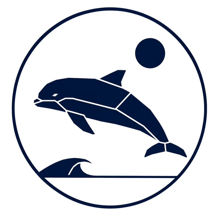 Minimalist geometric Harbor Porpoise emblem featuring a rounded head, streamlined body, triangular dorsal fin, horizontal tail flukes, clean Scandinavian-inspired shapes, and a modern symbolic design on a simple background.