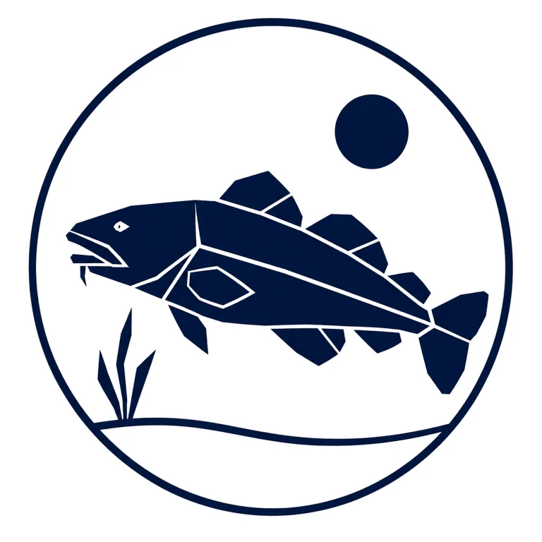 Minimalist geometric Atlantic Cod emblem featuring a broad head, deep-bodied fish silhouette, rounded tail, clean Scandinavian-inspired shapes, and a modern symbolic design on a simple background.