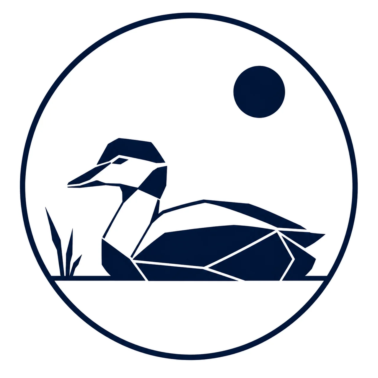Minimalist geometric Common Eider emblem featuring a rounded body, gently curved neck, calm floating posture, clean Scandinavian-inspired shapes, and a modern symbolic design on a simple background.