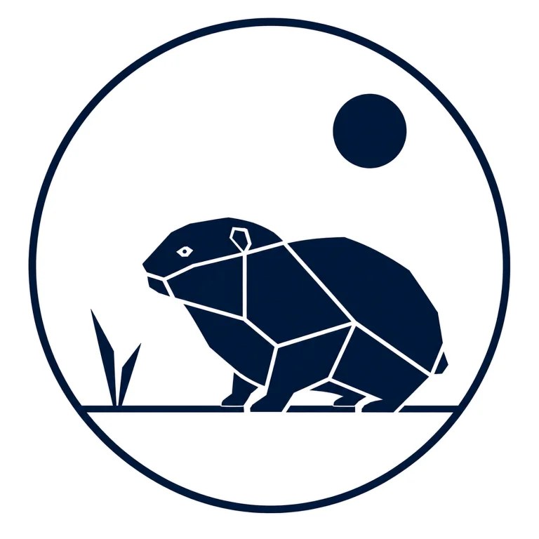 Minimalist geometric Mountain Lemming emblem featuring a rounded body, small ears, short legs, compact silhouette, clean Scandinavian-inspired shapes, and a modern symbolic design on a simple background.