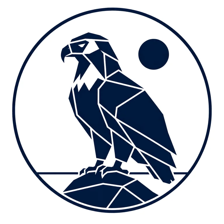 Minimalist geometric White-Tailed Eagle emblem featuring a powerful hooked beak, broad chest, wedge-shaped tail, clean Scandinavian-inspired shapes, and a modern symbolic design on a simple background.