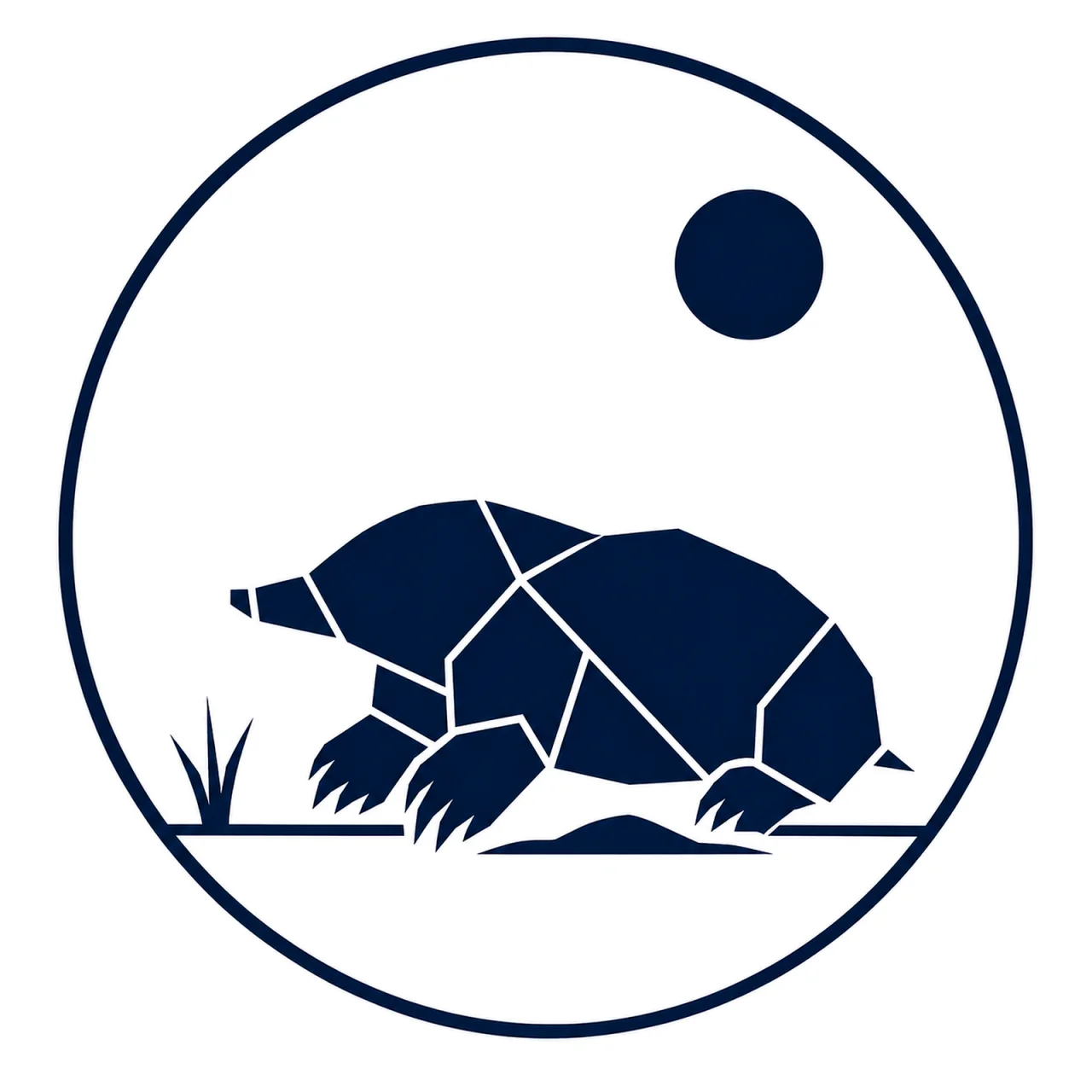Minimalist geometric European Mole emblem featuring a rounded head, cylindrical body, broad digging forepaws, compact silhouette, clean Scandinavian-inspired shapes, and a modern symbolic design on a simple background.