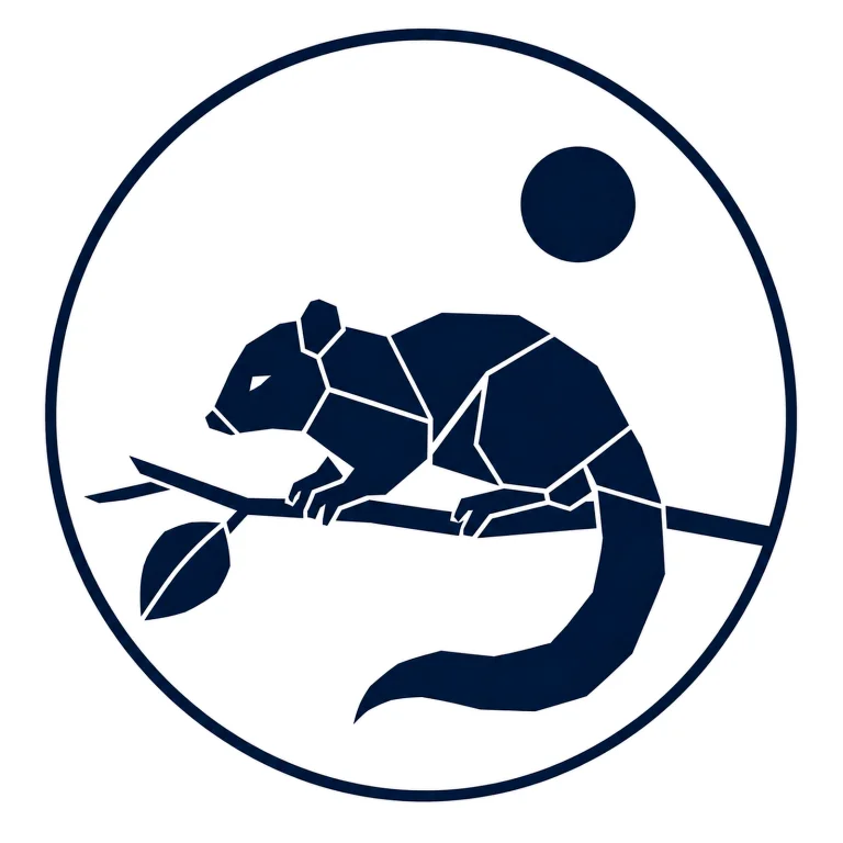 Minimalist geometric Hazel Dormouse emblem featuring a rounded head, compact body, fluffy tail, delicate woodland silhouette, clean Scandinavian-inspired shapes, and a modern symbolic design on a simple background.