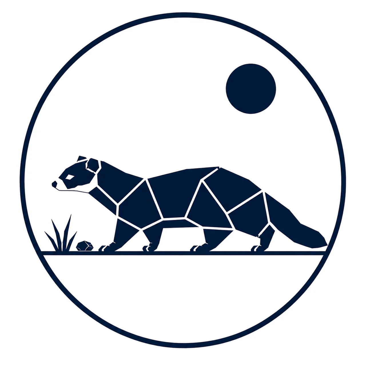 Minimalist geometric European Polecat emblem featuring a long slender body, short legs, thick tail, low walking posture, clean Scandinavian-inspired shapes, and a modern symbolic design on a simple background.
