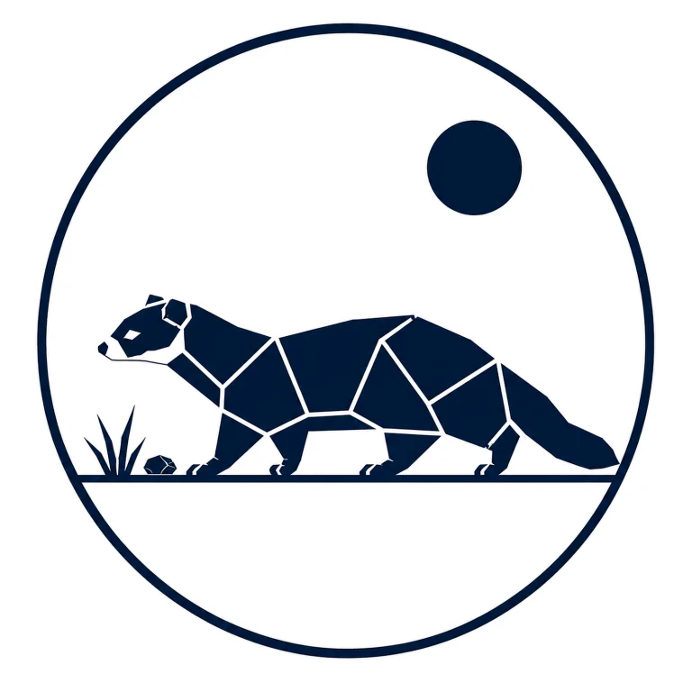 Minimalist geometric European Polecat emblem featuring a long slender body, short legs, thick tail, low walking posture, clean Scandinavian-inspired shapes, and a modern symbolic design on a simple background.