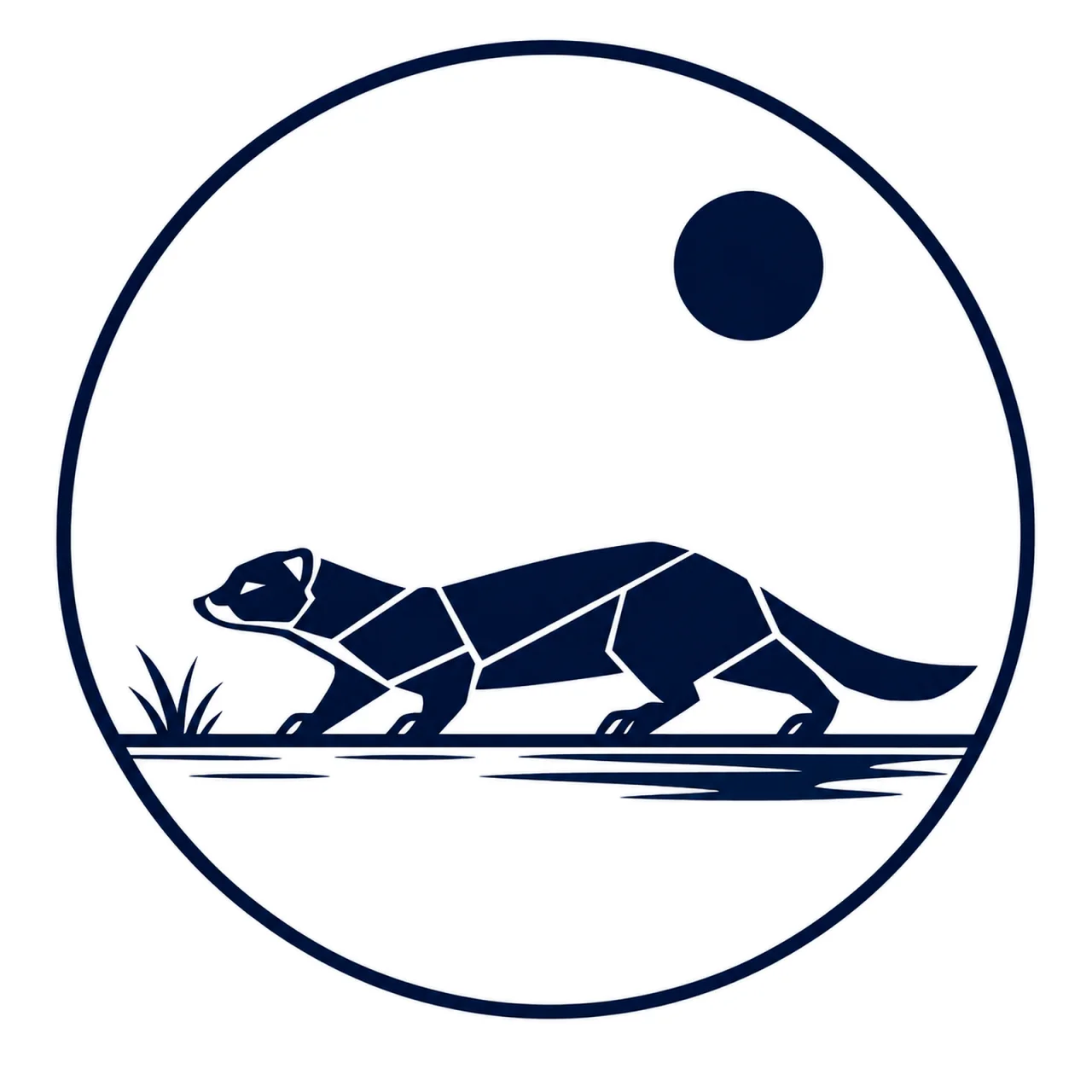 Minimalist geometric European Mink emblem featuring a slender body, short legs, graceful tail, flowing silhouette, clean Scandinavian-inspired shapes, and a modern symbolic design on a simple background.