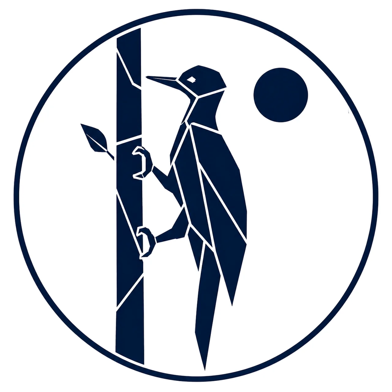 Minimalist geometric Black Woodpecker emblem featuring a long straight beak, slender neck, vertical tree-climbing posture, clean Scandinavian-inspired shapes, and a modern symbolic design on a simple background.