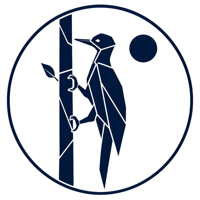 Minimalist geometric Black Woodpecker emblem featuring a long straight beak, slender neck, vertical tree-climbing posture, clean Scandinavian-inspired shapes, and a modern symbolic design on a simple background.