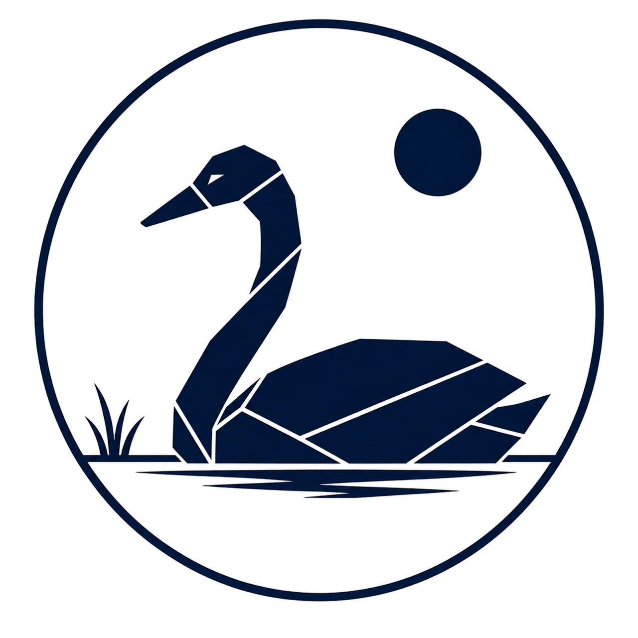 Minimalist geometric Whooper Swan emblem featuring a graceful S-shaped neck, rounded body, floating posture, clean Scandinavian-inspired shapes, and a modern symbolic design on a simple background.