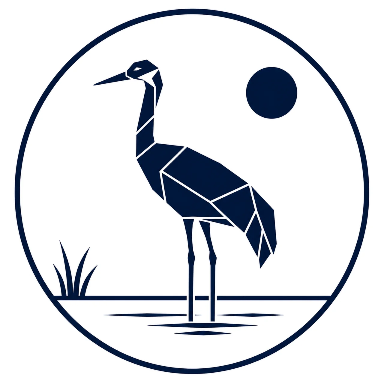 Minimalist geometric Common Crane emblem featuring a long neck, slender legs, elegant standing posture, clean Scandinavian-inspired shapes, and a modern symbolic design on a simple background.