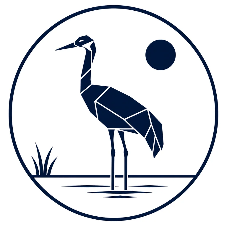Minimalist geometric Common Crane emblem featuring a long neck, slender legs, elegant standing posture, clean Scandinavian-inspired shapes, and a modern symbolic design on a simple background.