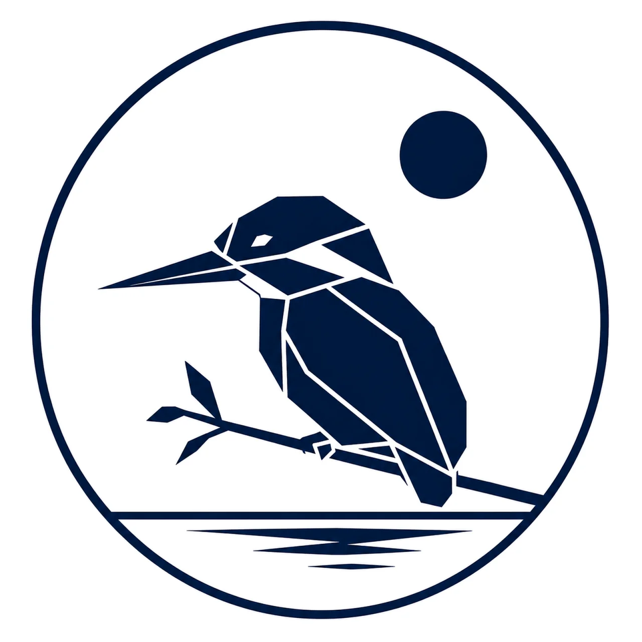 Minimalist geometric European Kingfisher emblem featuring a large head, long straight beak, compact body, perched posture, clean Scandinavian-inspired shapes, and a modern symbolic design on a simple background.