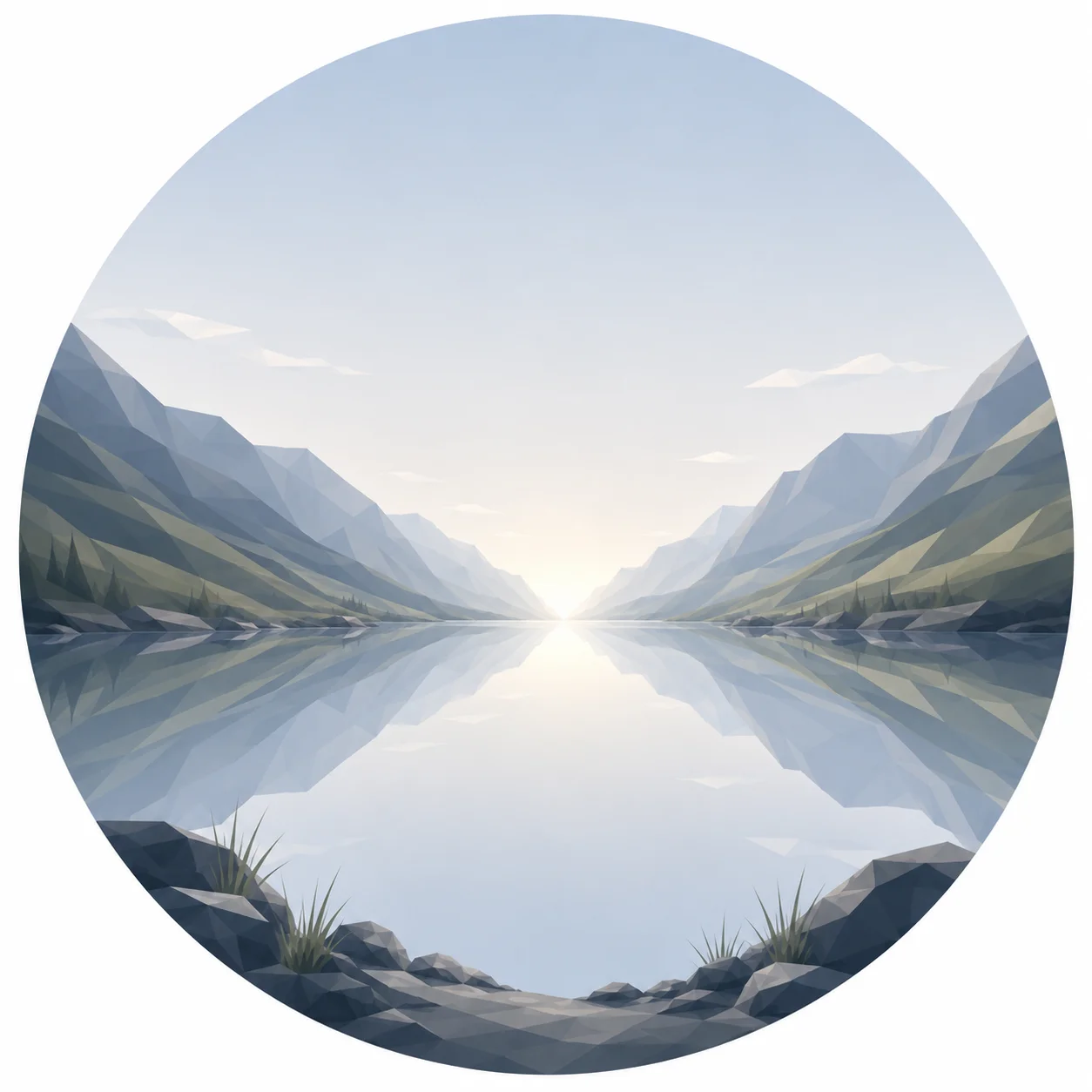 Minimal low poly illustration of a peaceful Nordic valley with symmetrical mountains, calm reflective water, a central vanishing point, expansive blue sky, and a quiet Scandinavian landscape in Norvian's signature geometric style.