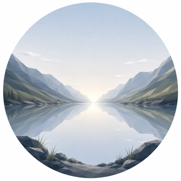 Minimal low poly illustration of a peaceful Nordic valley with symmetrical mountains, calm reflective water, a central vanishing point, expansive blue sky, and a quiet Scandinavian landscape in Norvian's signature geometric style.