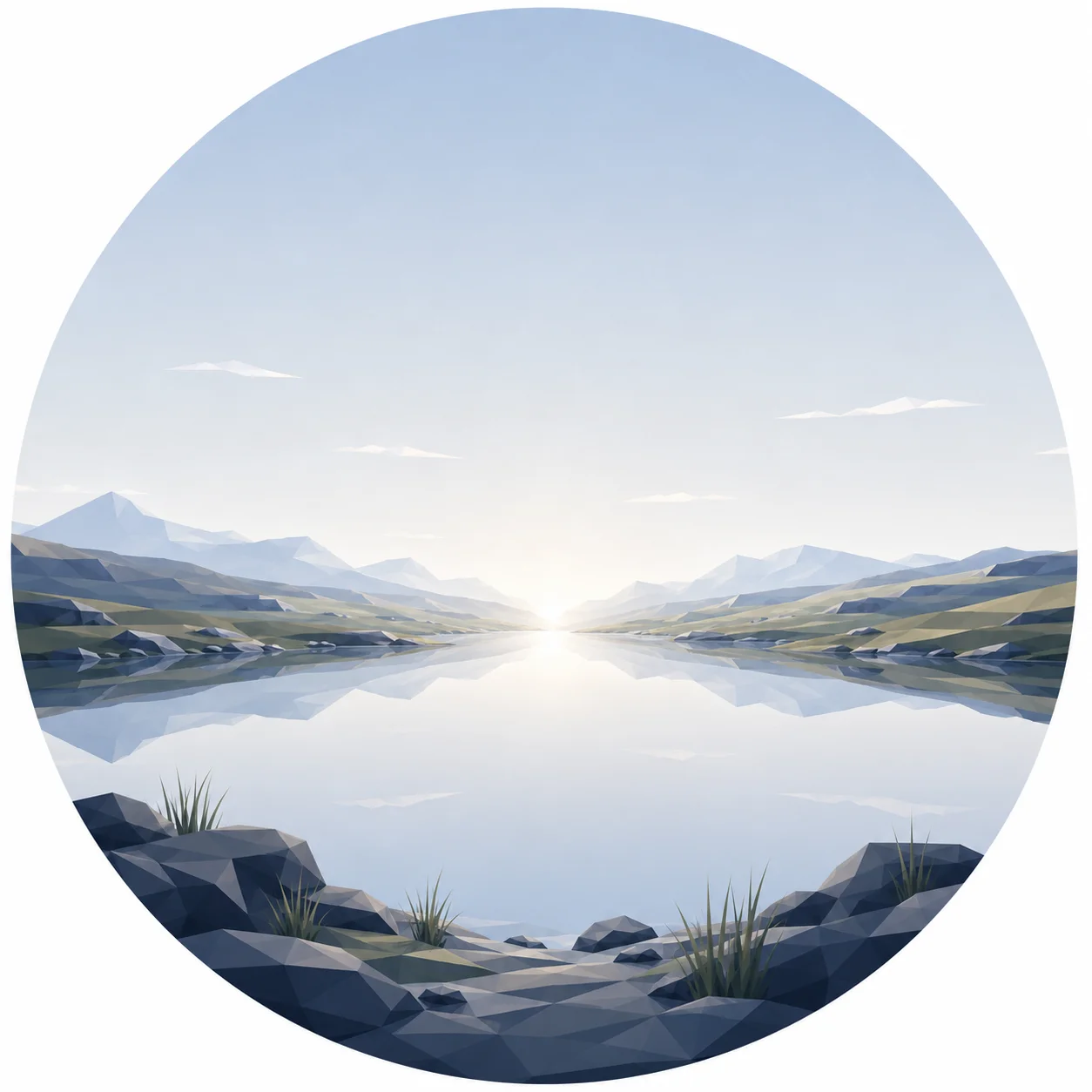 Minimal low poly illustration of a tranquil Nordic highland with rolling hills, calm reflective water, symmetrical composition, a central vanishing point, expansive blue sky, and Scandinavian geometric landscape design.