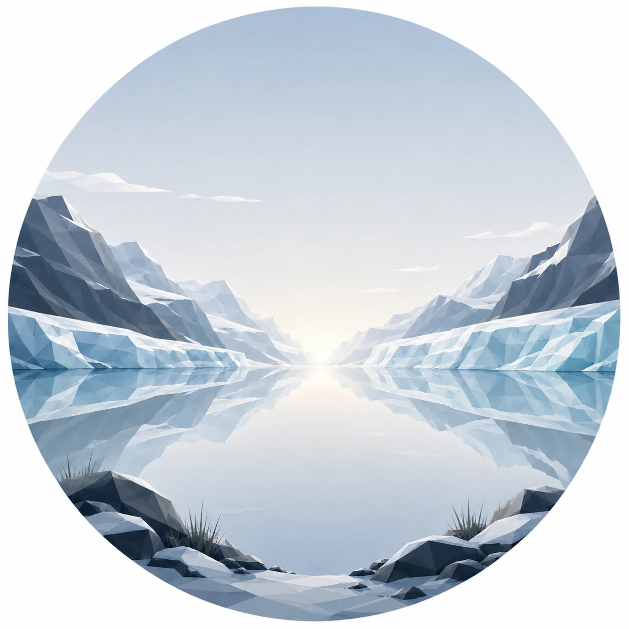 Minimal low poly illustration of a tranquil Nordic glacier with symmetrical ice formations, calm reflective water, a central vanishing point, expansive blue sky, and a peaceful Scandinavian geometric landscape.