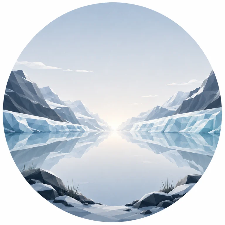 Minimal low poly illustration of a tranquil Nordic glacier with symmetrical ice formations, calm reflective water, a central vanishing point, expansive blue sky, and a peaceful Scandinavian geometric landscape.