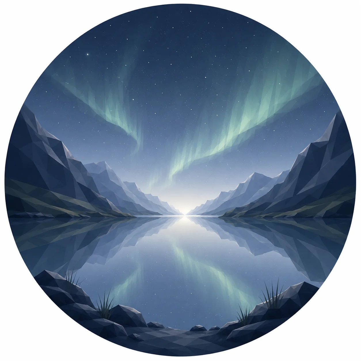 Minimal low poly illustration of a peaceful Nordic fjord beneath a subtle aurora, featuring calm reflective water, symmetrical mountains, a central vanishing point, expansive night sky, and Scandinavian geometric landscape design.