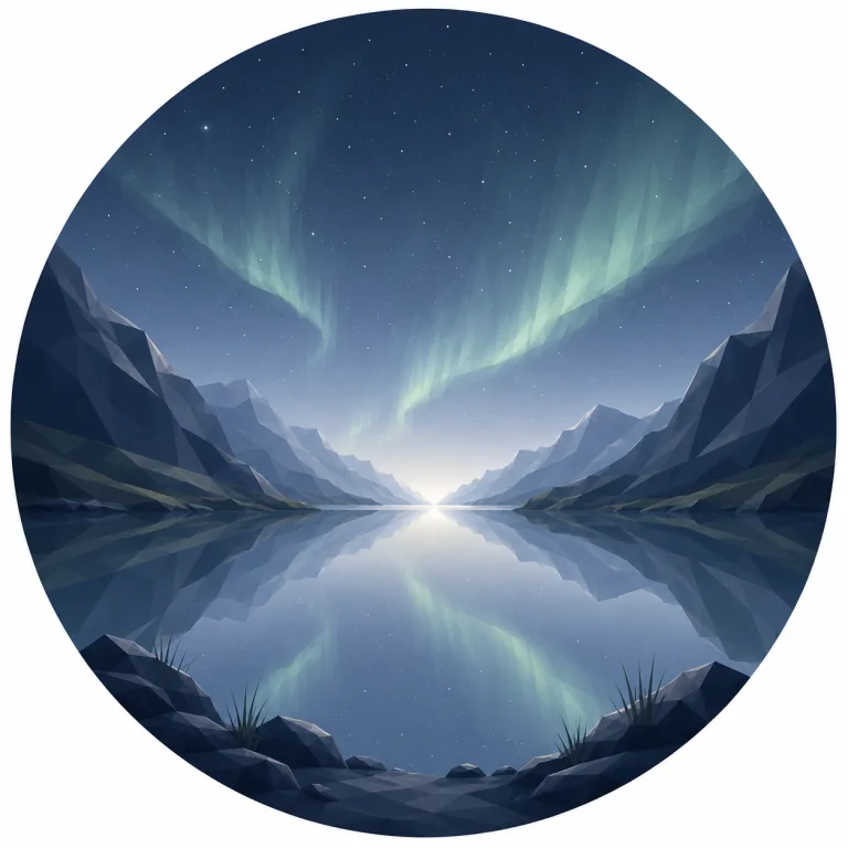 Minimal low poly illustration of a peaceful Nordic fjord beneath a subtle aurora, featuring calm reflective water, symmetrical mountains, a central vanishing point, expansive night sky, and Scandinavian geometric landscape design.